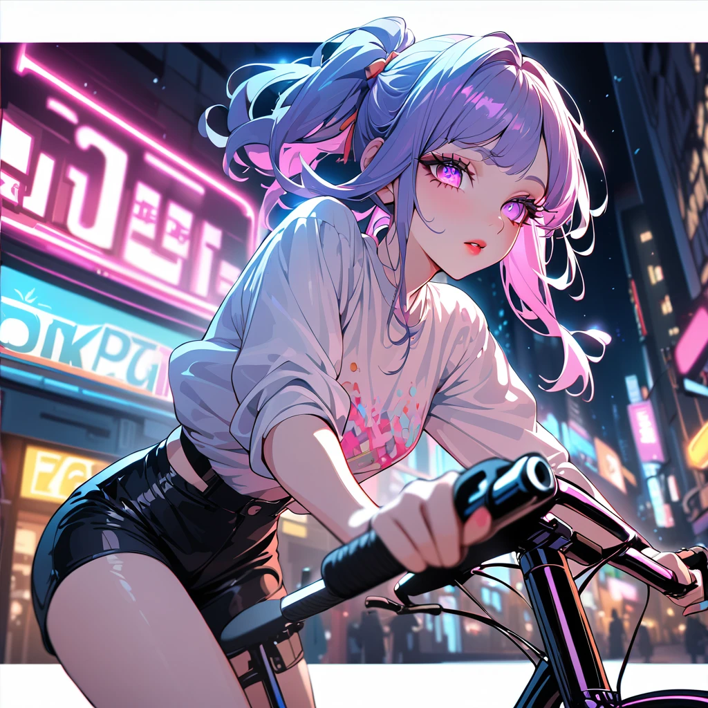 a cute young girl riding a bicycle in a neon-lit night city, anime style, beautiful detailed eyes, beautiful detailed lips, extremely detailed eyes and face, long eyelashes, (best quality,4k,8k,highres,masterpiece:1.2),ultra-detailed,vibrant neon colors, glowing neon signs, dynamic motion blur, cinematic lighting, dramatic shadows, elegant pose, whimsical, dreamlike, evocative