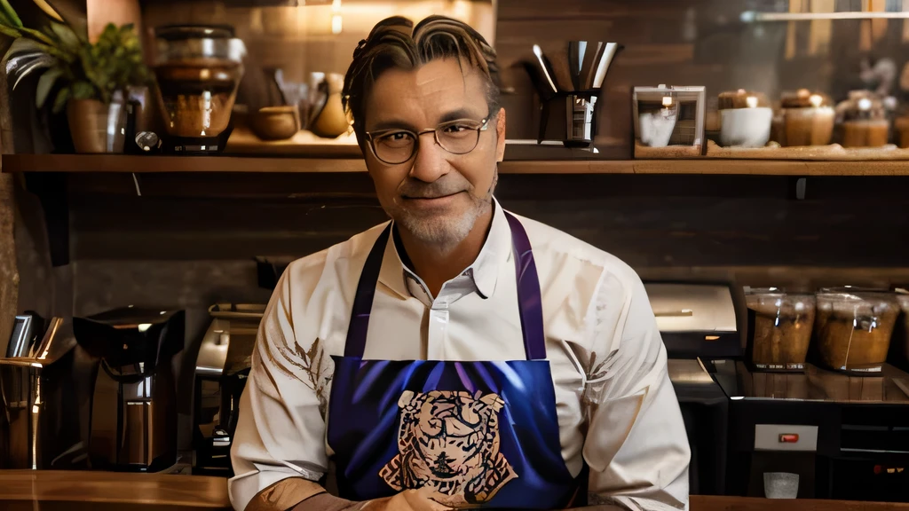 Hyperrealistic, cinematic quality, futuristic coffee shop footage. Cyberpunk atmosphere. The interior decor is a mixture of antique and hyper-futuristic. The store is crowded with many female customers.
A handsome 48-year-old male waiter comes to serve coffee at a table. He wears glasses , (rainbow-colored apron with a realistic tiger face printed on it:1.2)
As soon as he places the coffee on the table, the man slowly smiles warmly at the camera, his expression friendly and inviting.