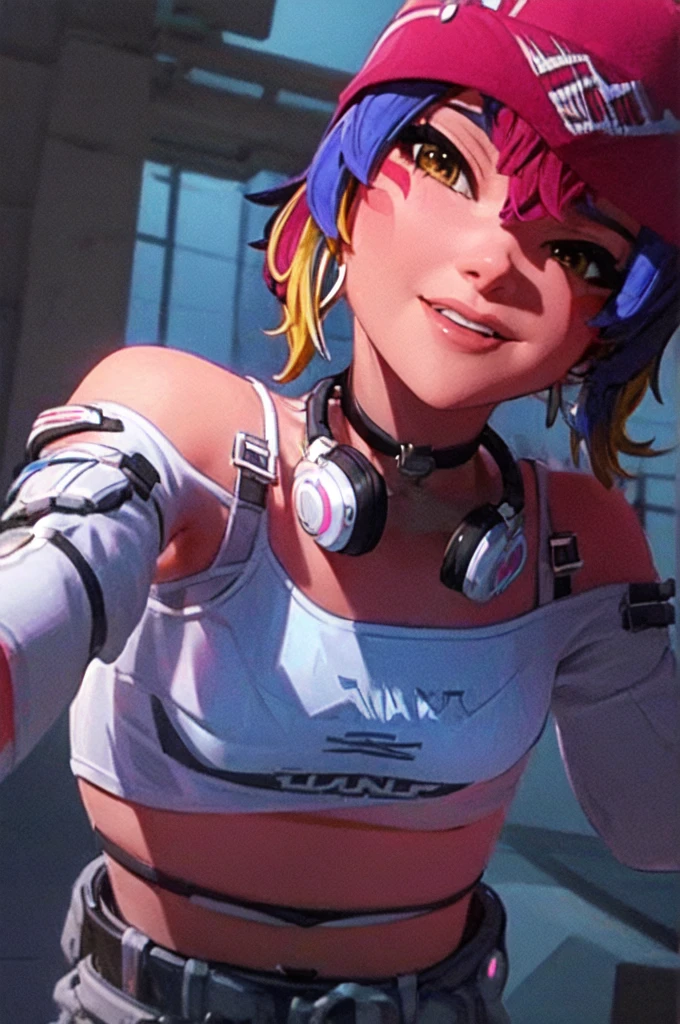 Sexy pose, posing, ((masterpiece, best quality)), 1girl, solo, Kiriko LeSserafim, upper body, short hair, brown eyes, multicolored hair, blue hair, yellow highlights, bangs, pink headwear, hair between eyes, (white off-shoulder shirt:1.5), ((gloves:1.5)), pointing to her face, fingerless gloves, hoop earrings, (white shirt:1.5), headphones around neck, thighhigh, white gloves, lace-up boots, boots, gloves, jacket around waist, thighhighs, breasts, headphones, standing, jewelry, bracelet, midriff, white crop top, cross-laced footwear single kneehigh, smile, earrings, jewelry, hat, looking at viewer, makeup, facepaint, facial mark, detached sleeves, lips, indoors, japanese house, hands on her face, portrait,