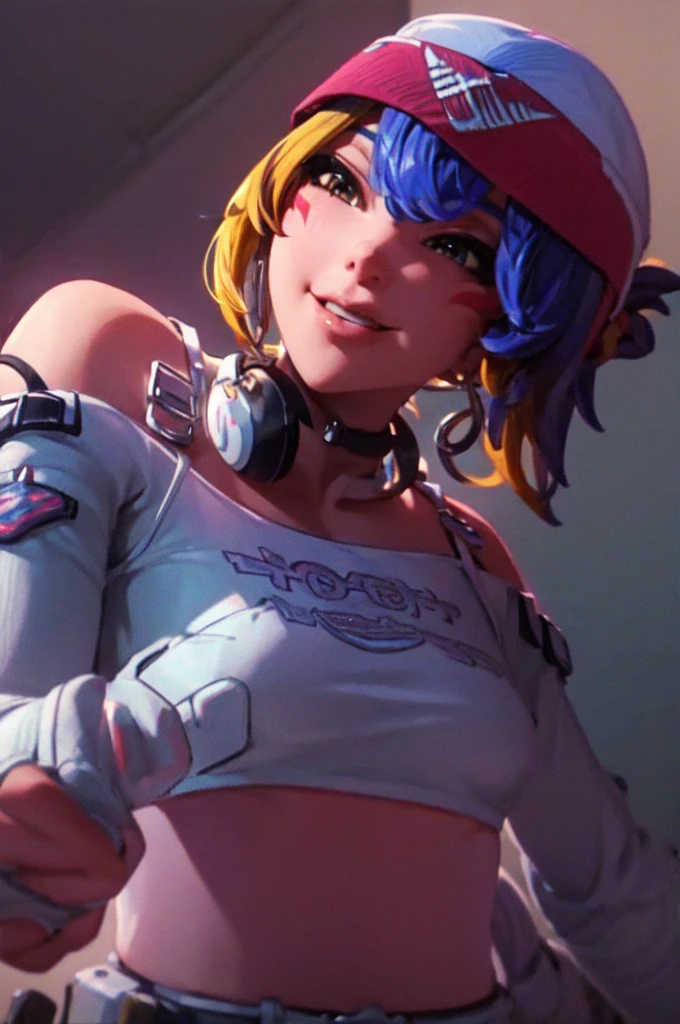 Sexy pose, posing, ((masterpiece, best quality)), 1girl, solo, Kiriko LeSserafim, upper body, short hair, brown eyes, multicolored hair, blue hair, yellow highlights, bangs, pink headwear, hair between eyes, (white off-shoulder shirt:1.5), ((gloves:1.5)), pointing to her face, fingerless gloves, hoop earrings, (white shirt:1.5), headphones around neck, thighhigh, white gloves, lace-up boots, boots, gloves, jacket around waist, thighhighs, breasts, headphones, standing, jewelry, bracelet, midriff, white crop top, cross-laced footwear single kneehigh, smile, earrings, jewelry, hat, looking at viewer, makeup, facepaint, facial mark, detached sleeves, lips, indoors, japanese house, hands on her face, portrait,