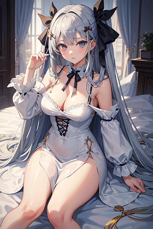 masterpiece, Highest quality, High resolution，Follow the on-screen instructions、Anime Style、Follow the prompts、One Girl、Long silver hair、Wearing a dress that can be removed by undoing the ribbon around the neck、Pull the ribbon around your neck、Clothes sag and cleavage becomes visible