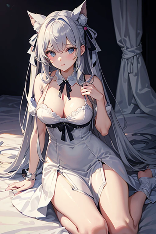 masterpiece, Highest quality, High resolution，Follow the on-screen instructions、Anime Style、Follow the prompts、One Girl、Long silver hair、Wearing a dress that can be removed by undoing the ribbon around the neck、Pull the ribbon around your neck、Clothes sag and cleavage becomes visible
