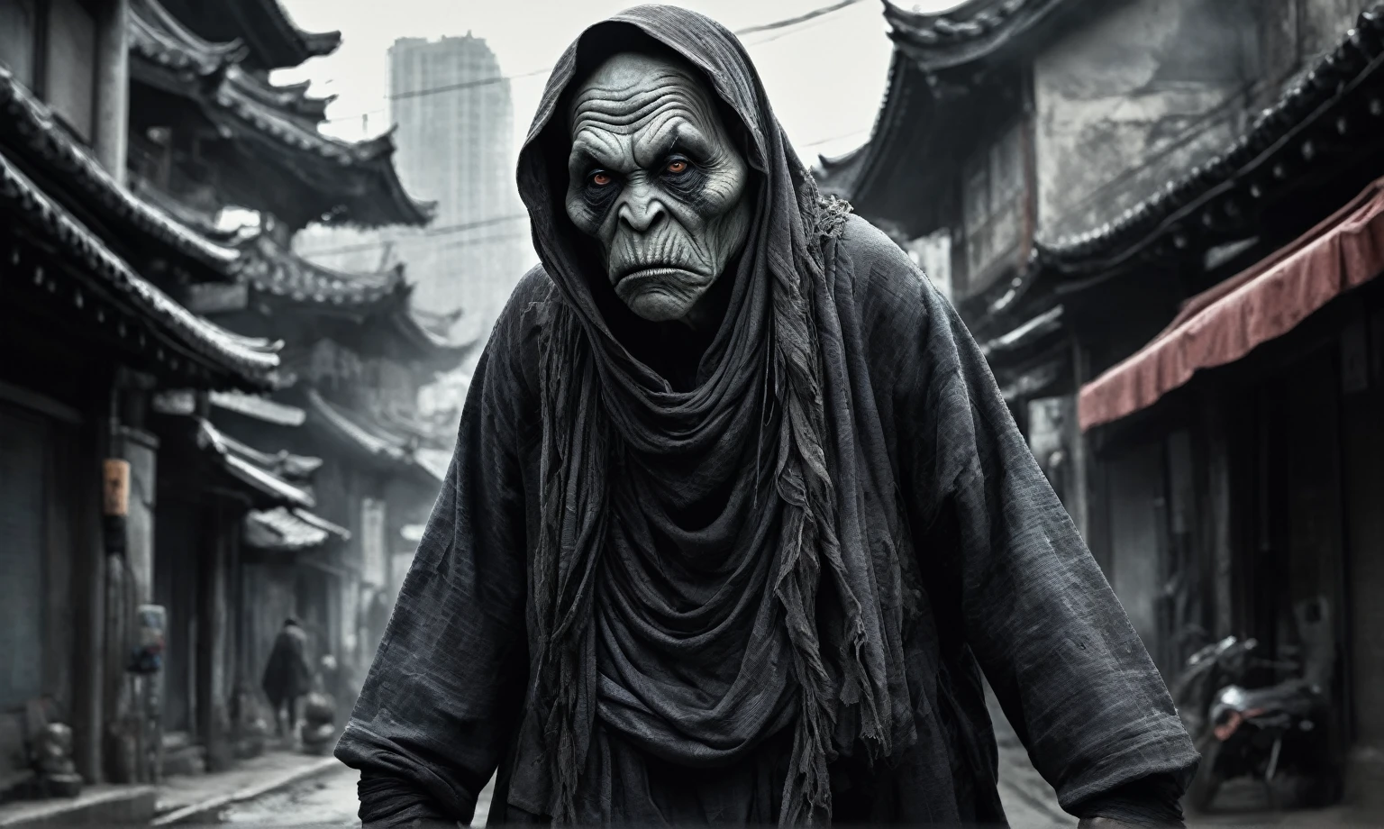 full body length shot,beggar graphite Manganite sparas, wants eat,survival in Korean city of future,Cinematic,soft colors, Technicolor,natural skin textures, hyper realism, hyper detailed,Extremely detailed,High contrast,Masterpiece,Realistic,Ultra Detailed, intricate details,realistic humid leather,extremely intricate,Epic Realistic, cinematic style,irina yermolova,high contrast,hdr,extremely detailed, masterpiece,intricate details,faded,eyes extremely detailed, high detailed eyes,16k resolution,RAW,retina, Nikon Z9,China,Songbird orc,tkt style, Pisces, perfect, Zinger,transition between two art styles, Ink painting to photorealism, Double contact, X-ray, Creative, vivid light, masterpiece, fantasy, Abstract, Surrealism, super detailed, high resolution, stop:35,(((creature with a spectral and ghostly appearance)). Her skin is pale, almost translucent.strange wears dark, torn clothes that float around him, as if permeated by an aura of mourning. Its appearance is complemented by details such symbols of gothic elements, further emphasizing its dark air. is photo as a haunted and tormented entity,{creature}