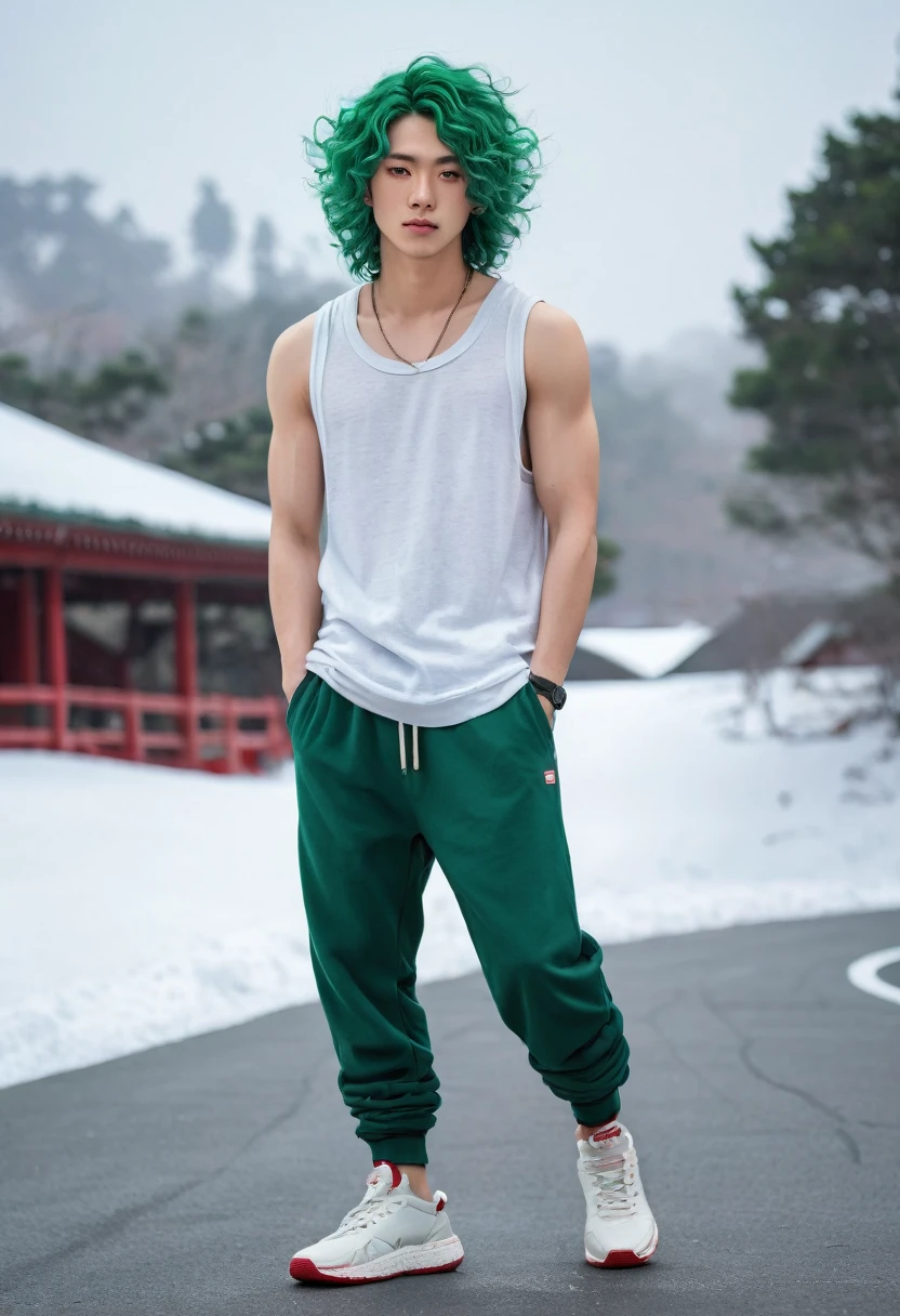  Japanese male model, with viridian green eyes, short curly viridian green hair, wearing a loose tank top, and joggers, in a red high top sneakers,(masterpiece:1.35),(best-quality:1.4),8k,ultra-detailed,photography,(ultra-realistic:1.4), adult girl, long hair, sweater, snowing background,