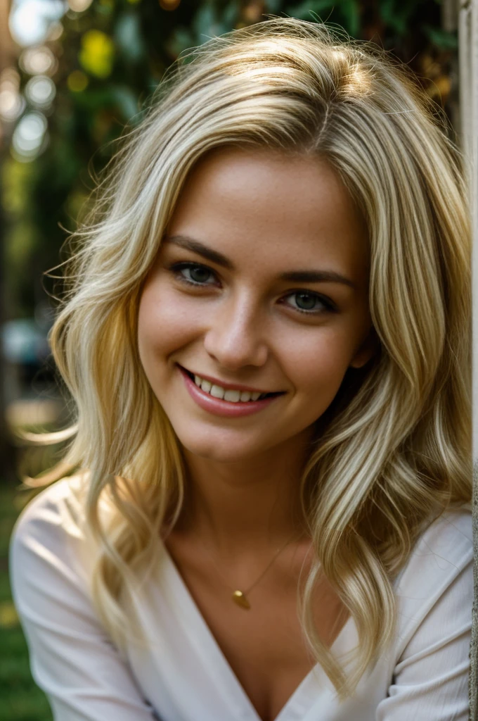 cute beautiful white hair blonde wearing a red tight summer clothes (sitting on Los Angeles city at daylight, golden hoyr), big, very detailed, 21 years old, innocent face, natural wave hair, blue eyes, high-res, masterpiece, best quality, intricate details, highly detailed, sharp focus, detailed skin, realistic skin texture, texture, detailed eyes, professional, 4k, charmer smile, shot on Canon, 85mm,shallow depth of field, Kodak vision color, perfect fit body, extremely detailed, photo_\(ultra\), photorealistic, realistic, post-processing, max detail, roughness, real life, ultra realistic, photorealism, photography, 8k uhd, photography (film grain) medium shot to close up shot happy smiling atmospheric dark lighting