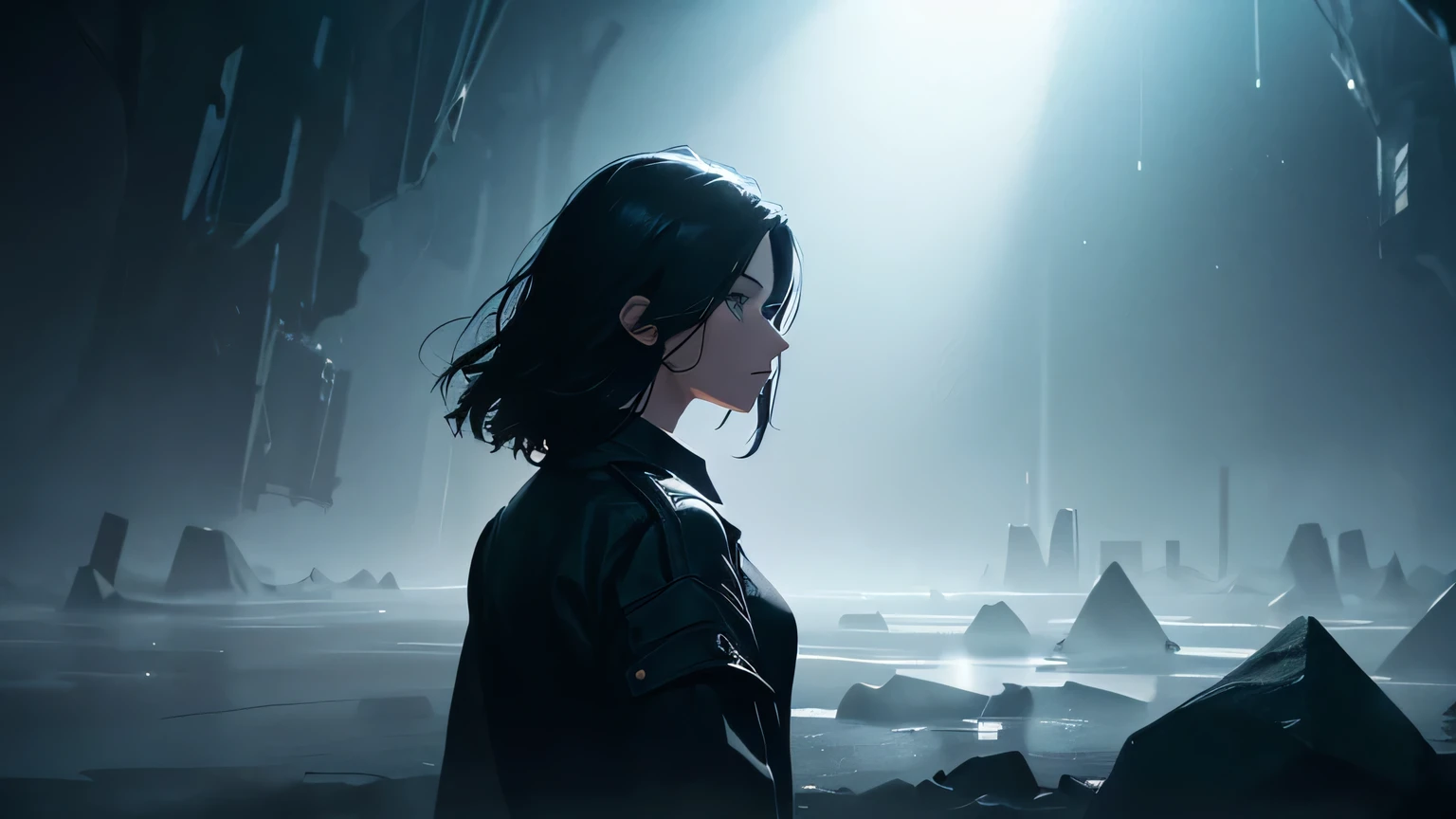 1 woman, 25 years old, black hair, blue eyes, white shirt, in the middle of an abyss of DARKNESS in the void, floating, at night, walking, view from behind, dark environment, detailed face, intricate folds of the clothing, dramatic lighting, moody atmosphere, cinematic composition, photorealistic, 8k, highly detailed, chiaroscuro, dramatic shadows, volumetric lighting, realistic textures, natural colors, professional photography