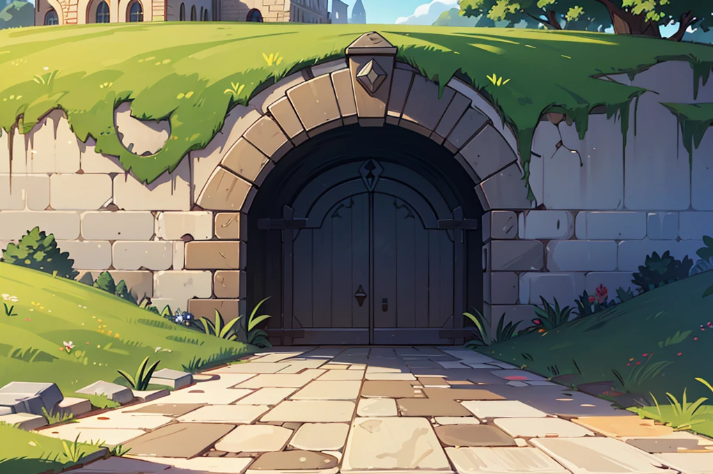 best quality high-definition masterpiece, long white brick stone wall 30ft tall, straight goes on for miles, dirt on the ground below it, fortress, portcullis, border wall between countries, iron metal grid gate with spikes at the bottom locking entry, bright vivid colors