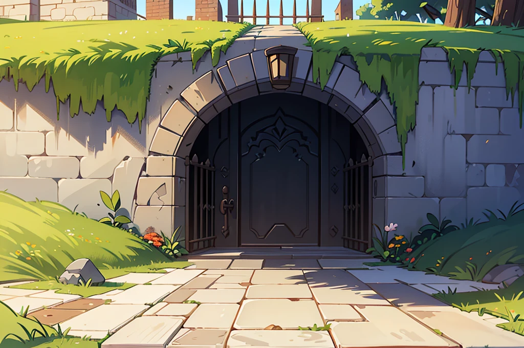 best quality high-definition masterpiece, long white brick stone wall 30ft tall, straight goes on for miles, dirt on the ground below it, fortress, portcullis, border wall between countries, iron metal grid gate with spikes at the bottom locking entry, bright vivid colors