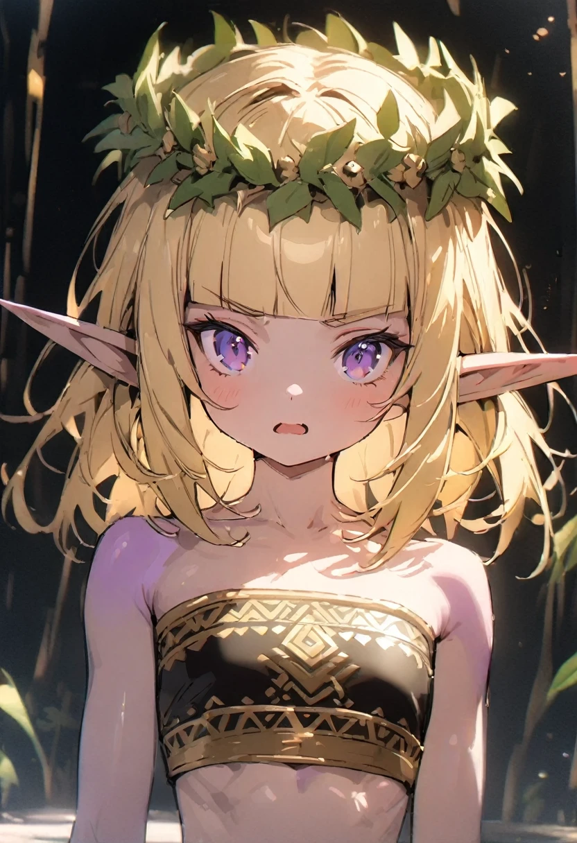 ((Masterpiece)), ((best quality)), ((kawaii)), ((extremely detailed)), (sketch:0.3), (RAW photo:1.2), (8K), (High Definition:1.3), (Professional Photography:1.2), cinematic lighting, (very aesthetic:1.2), (absurdres:1.2), (sharp focus), (perfect light), (from above), (wide shot), wide shot, (12 years old), (1girl), cute young girl, pudgy cheeks, (Grimace), open mouth, (Beautiful purple eyes:1.3), (Glossy skin), ((elf girl)), (Gold Embroidered Tribal black tubetop)), strapless, (small chest), Beautiful clavicle, (Healthy and toned body), slim body, (loose blunt bangs), unruly hair, (medium hair), ((beautiful blond hair)), (put on noble head wreath), BREAK, ((best quality)), (princess pose), (on the tropical giant greenhouse), (sharp focus), (perfect light),