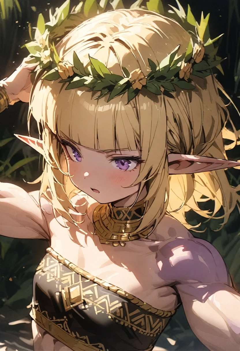 ((Masterpiece)), ((best quality)), ((kawaii)), ((extremely detailed)), (sketch:0.3), (RAW photo:1.2), (8K), (High Definition:1.3), (Professional Photography:1.2), cinematic lighting, (very aesthetic:1.2), (absurdres:1.2), (sharp focus), (perfect light), (from above), (wide shot), wide shot, (12 years old), (1girl), cute young girl, pudgy cheeks, (Grimace), open mouth, (Beautiful purple eyes:1.3), (Glossy skin), ((elf girl)), (Gold Embroidered Tribal black tubetop)), strapless, (small chest), Beautiful clavicle, (Healthy and toned body), slim body, (loose blunt bangs), unruly hair, (medium hair), ((beautiful blond hair)), (put on noble head wreath), BREAK, ((best quality)), (princess pose), (on the tropical giant greenhouse), (sharp focus), (perfect light),