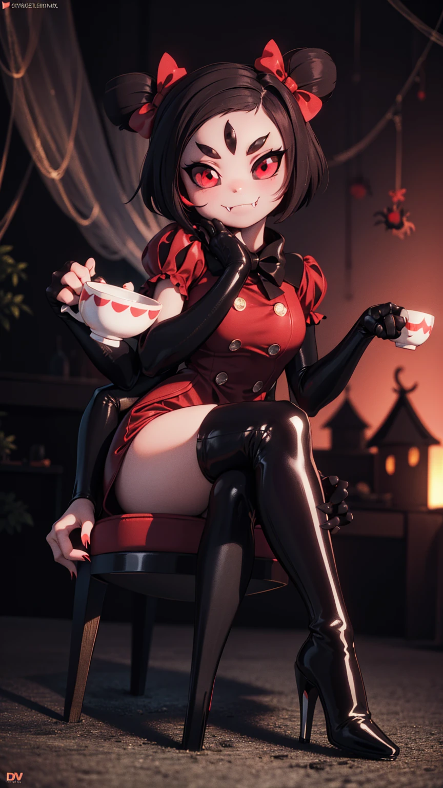 [muffet_(undertale)], [uploaded to e621.net; (napalm_express), (iseenudepeople)], ((masterpiece)), ((HD)), ((High definition)), ((detailed shading)), ((solo portrait)), ((full body)), ((front view)), ((beautiful render art)), ((monster girl)), {(spider girl); purple skin, glowing red eyes, 5 eyes, black hair, (2 hair buns), (6 arms), (sharp claws), (fangs), (excited expression)}, {(puffy red rompers), (buttons), (black knee high heel boots)}, {(sitting on fancy chair), (legs crossed), (holding teacup)}, [Background; (cave:1.2), (webs), (dark lighting), (spiders)]