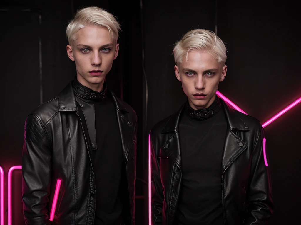 Photorealistic, dark vibes, solo, young man, 22 years, pale skin, model (skinny:1.3), (short layered platinum blond hair:1.5), (black leather jacket:1.3), dark lighting, incubus, sexy, (neon letters C N T X:1.4), night club setting, BDSM background