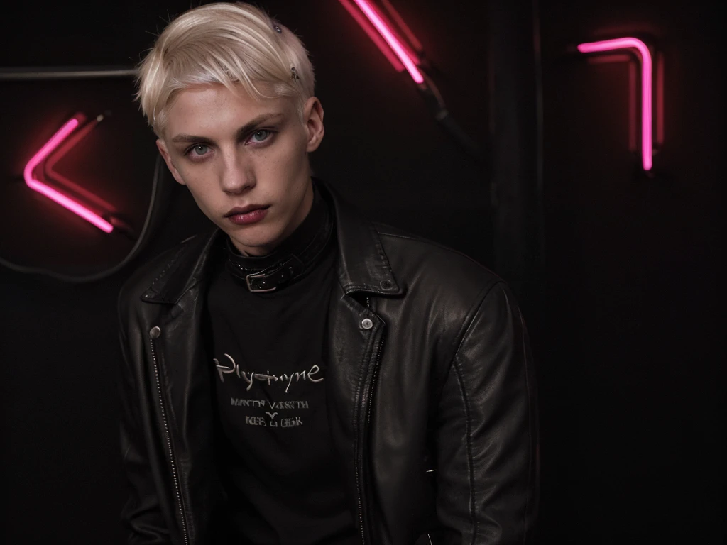 Photorealistic, dark vibes, solo, young man, 22 years, pale skin, model (skinny:1.3), (short layered platinum blond hair:1.5), (black leather jacket:1.3), dark lighting, incubus, sexy, (neon letters C N T X:1.4), night club setting, BDSM background