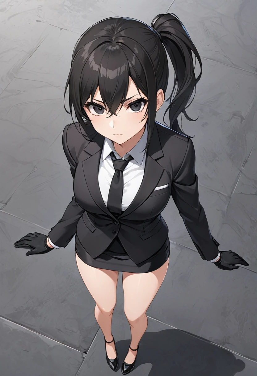 Black miniskirt ,shoes, dress shirt , pencil skirt , black long tie , assassin , whole body ,business attire , Black gloves , shorts blazer , bare legs , side ponytail , black eyes , thighs , whole body , standing posture , View from above