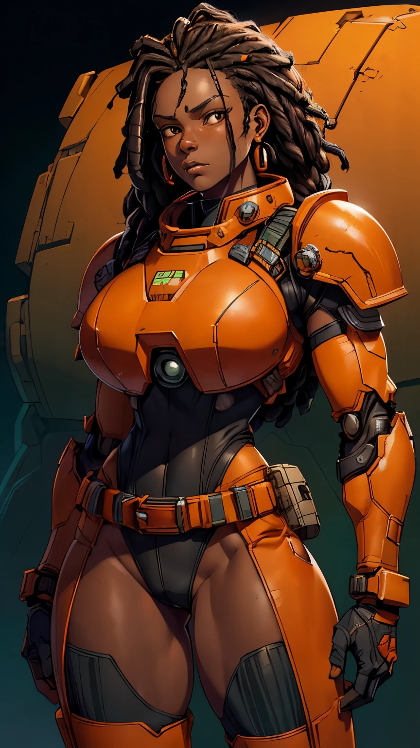 a beautiful black woman with black afro cornrows hairstyle,A gorgeous female mechanic in an atompunk style, with a blank background, wearing an unzipped orange jumpsuit revealing cleavage, featuring a mechanical hand and cybernetic augments, in a retro-futuristic setting with gunmetal grey tones,