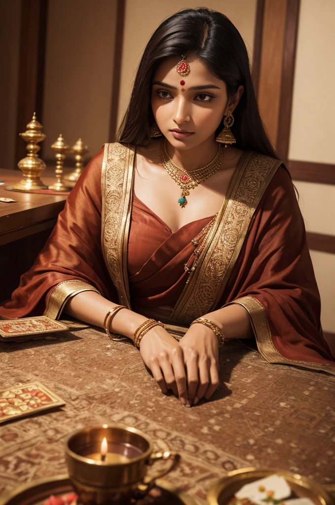 one indian woman, with brown clothes full of jewels, sitting at a table with cards and details of an Indian house in the background, ultra realisitic