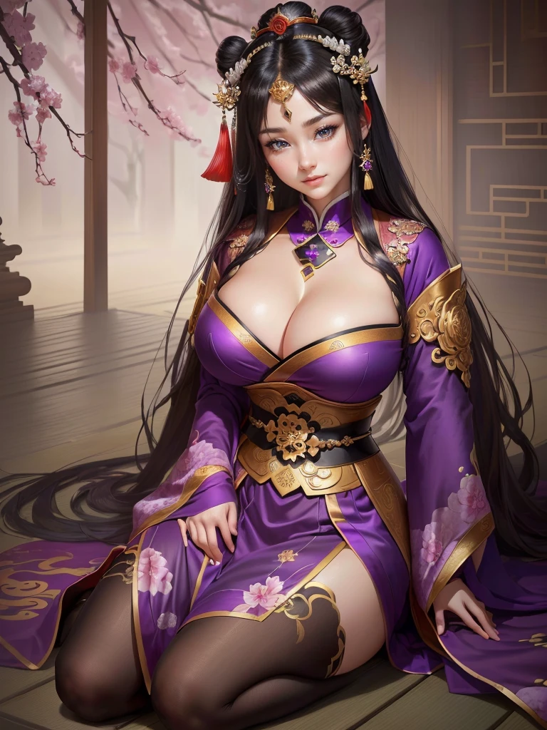 a woman in a purple kimono sitting on the ground, a beautiful fantasy empress, ancient chinese princess, ((a beautiful fantasy empress)), inspired by Lan Ying, inspired by Ju Lian, inspired by Qiu Ying, inspired by Li Mei-shu, palace , a girl in hanfu, inspired by Yun Du-seo, chinese empress, beautiful character painting, Highly detailed CG unit 8k wallpaper, masterpiece, High resolution, highest quality, highest quality real texture skin, Super Real, Digital Painting, Best image quality, 最High resolution, 8k, (((Highly detailed eyes and face, Beautiful eyes every detail))), (Saggy breasts, Gravity-dependent breasts, long chest, Heavy chest, disproportionate breasts, huge breasts, sagging breasts, gigantic breasts, black hair, grin,