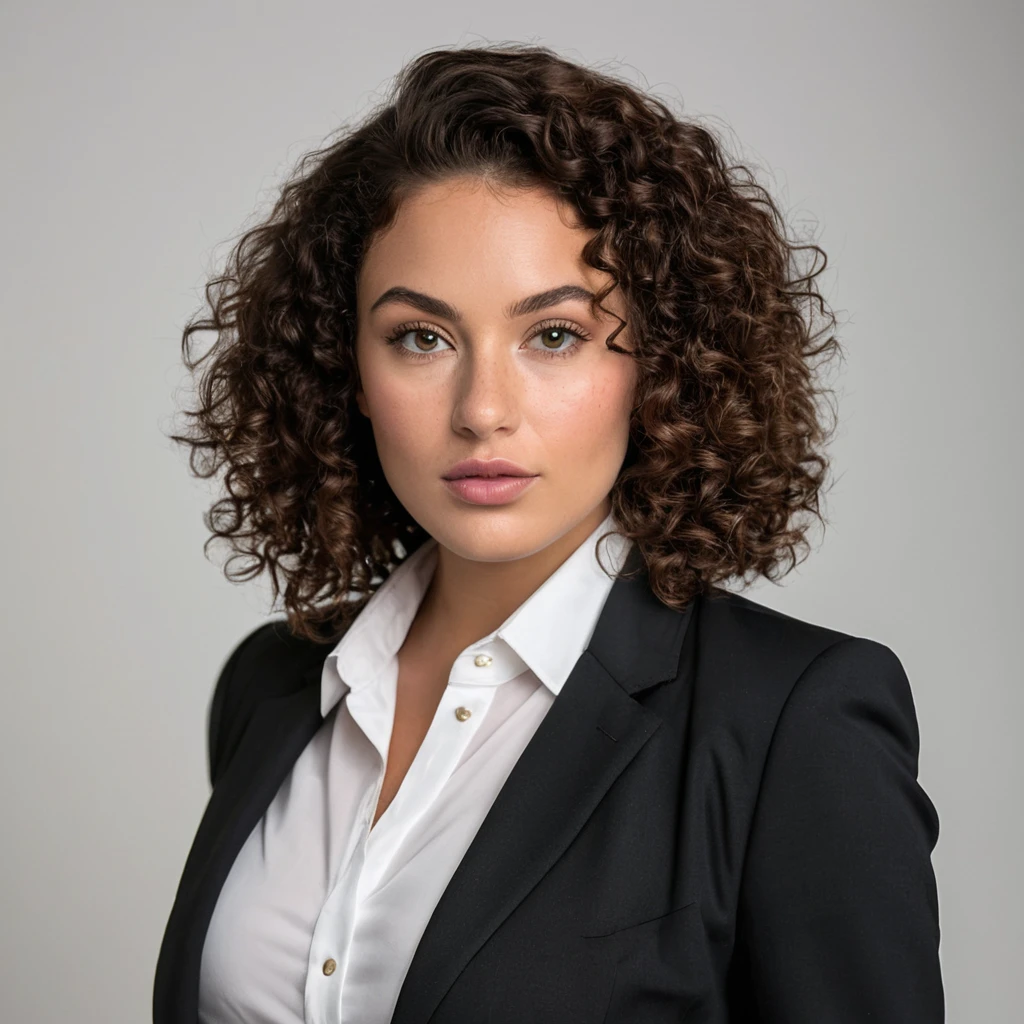 beautiful brazilian, (((round face shape with soft features, prominent cheekbones, delicate jaw, slightly rounded chin, medium forehead with natural, wavy hairline))), (((black hair color, ((小柄)) ((curlies)) with volume))), natural, full eyebrows. (((professional pose, standing, holding a black document folder, calm and confident expression, look straight at the camera))). (((medium shot, showing the character from the waist up, minimalist white background in photo studio))). highy detailed, age 25, (((large, expressive eyes in dark brown color and tone))). (((Long nose at base, gently curved bridge, rounded nostrils in harmony with the face))). plump, well-defined lips, with volume natural, dark pink tone. high resolution, work of art. Pele realista Fitzpatrick V, with a natural golden tan, some soft freckles on the cheeks and nose. curvy and athletic body, typical of Brazilian women. ((Wearing a stylish and modern black suit, with a white blouse underneath)). Excellent quality, extremely detaild, sharp focus, ((shooting with Nikon Z7 II, lente NIKKOR Z 85mm f/1.8 S)), Proportionate Body, fotorrealism, fot (film grain) (((Studio lighting with soft, even light, creating a clean and professional effect))) Em primeiro plano