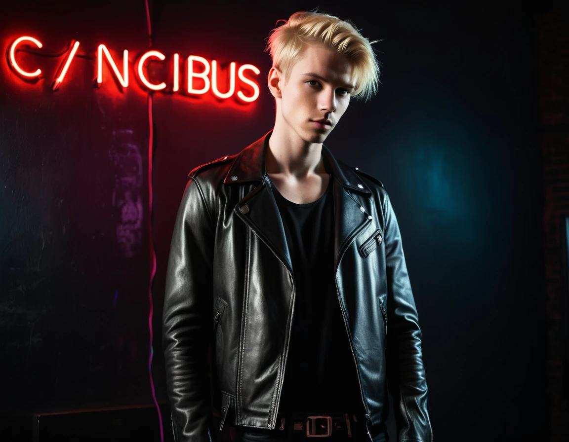 Photorealistic, dark vibes, solo, young man, 22 years, pale skin, model (skinny:1.3), (short layered blond hair:1.5), (black leather jacket:1.3), dark lighting, incubus, sexy, (neon letters C N T X:1.4), night club setting, BDSM background