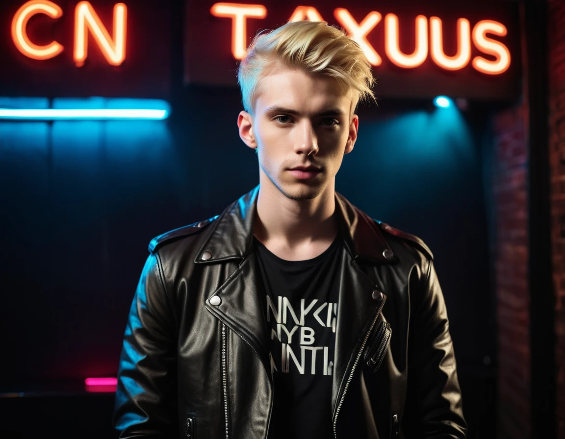 Photorealistic, dark vibes, solo, young man, 22 years, pale skin, model (skinny:1.3), (short layered blond hair:1.5), (black leather jacket:1.3), dark lighting, incubus, sexy, (neon letters C N T X:1.4), night club setting, BDSM background
