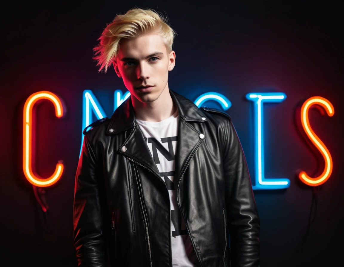 Photorealistic, dark vibes, solo, young man, 22 years, pale skin, model (skinny:1.3), (short layered blond hair:1.5), (black leather jacket:1.3), dark lighting, incubus, sexy, (neon letters C N T X:1.4), night club setting, BDSM background