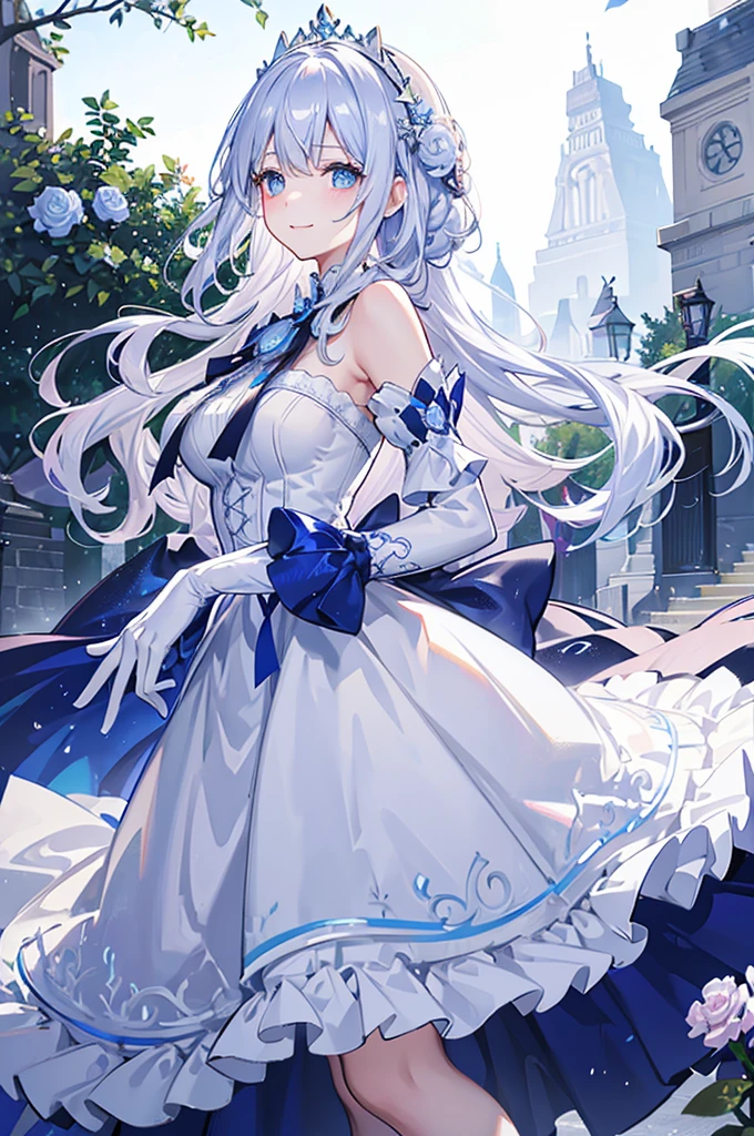 A woman with white hair and blue eyes、adult、Long, fluffy wavy hair、Braiding、Wearing hair ornaments、Smiling、Princess、White gloves、Blue-tinted dress、ribbon、Decorations such as roses and drops、race、The dress is short in the front and long in the back、Garter Ring、Fantasy