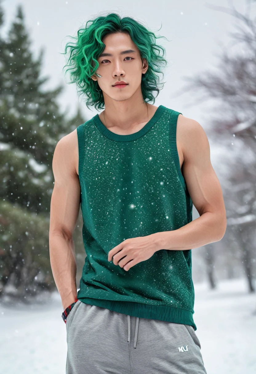 Japanese male model, face freckles, with viridian green eyes, short curly viridian green hair, wearing a loose tank top, and joggers, in a red high top sneakers,(masterpiece:1.35),(best-quality:1.4),8k,ultra-detailed,photography,(ultra-realistic:1.4), adult girl, long hair, sweater, snowing background,