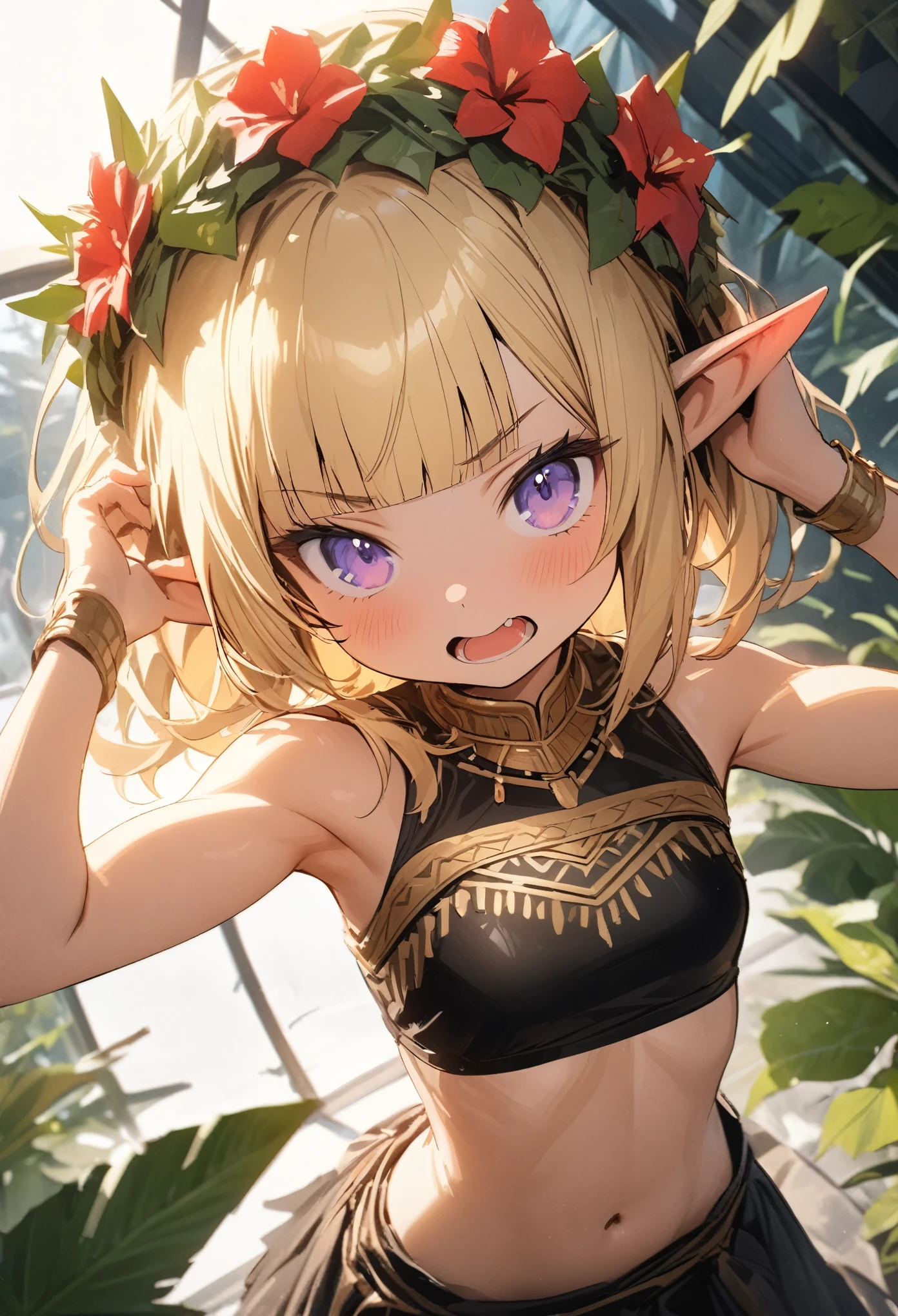 ((Masterpiece)), ((best quality)), ((kawaii)), ((extremely detailed)), (sketch:0.3), (RAW photo:1.2), (8K), (High Definition:1.3), (Professional Photography:1.2), cinematic lighting, (very aesthetic:1.2), (absurdres:1.2), (sharp focus), (perfect light), (from above), (wide shot), wide shot, (), (1girl), cute young girl, pudgy cheeks, (Grimace), open mouth, (Beautiful purple eyes:1.3), (Glossy skin), ((elf girl)), (Gold Embroidered Tribal black tubetop)), (small chest), (Healthy and toned body), slim body, (loose blunt bangs), unruly hair, (medium hair), ((beautiful blond hair)), (put on noble head wreath), BREAK, ((best quality)), (princess pose), (on the tropical giant greenhouse), (sharp focus), (perfect light),