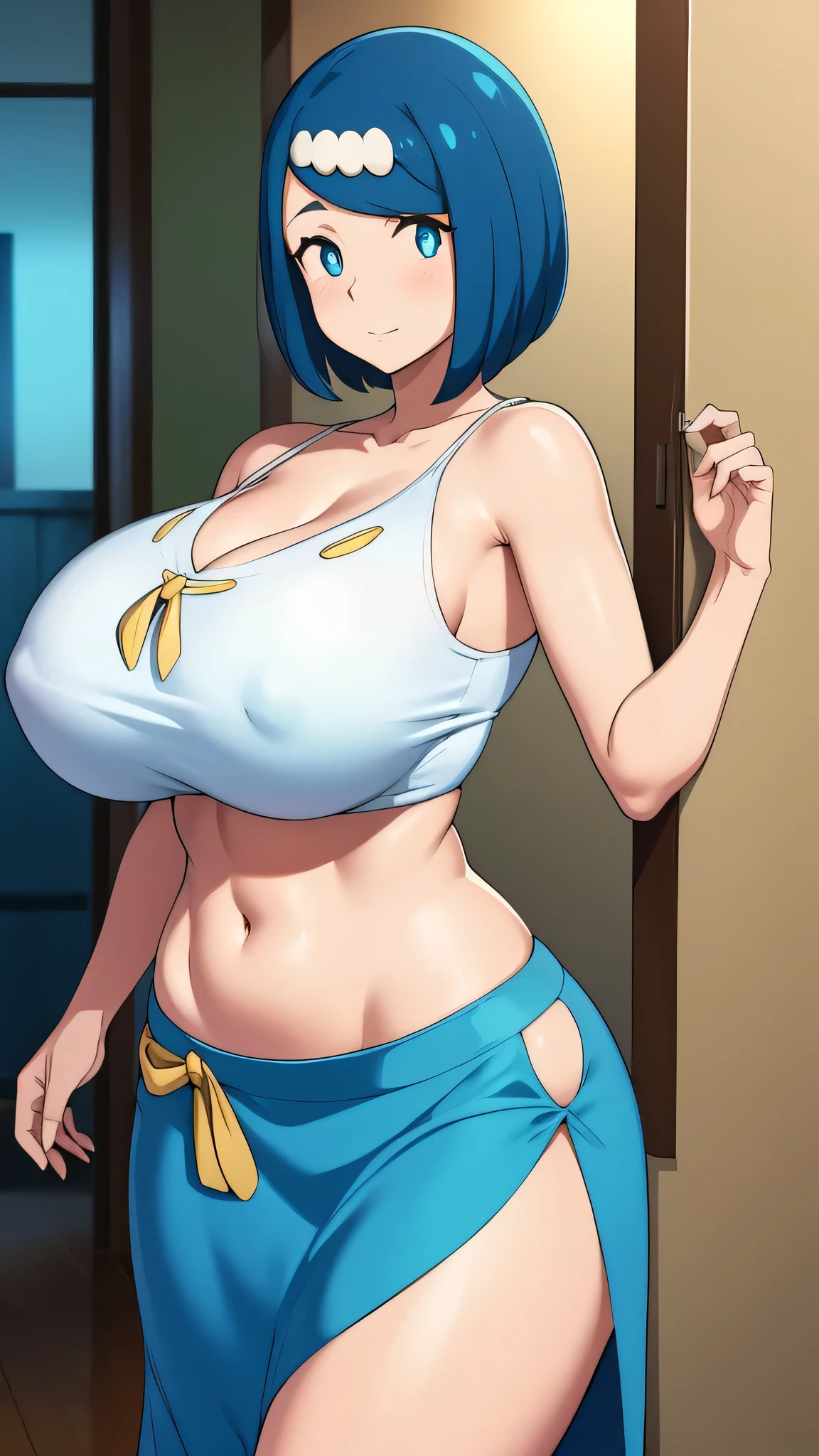 A sexy Hawaiian girl, beautiful, big breast, beautiful, bright blue hair, round cut, her blue eye, she wears a white shirt, shows her navel, and a long blue skirt.