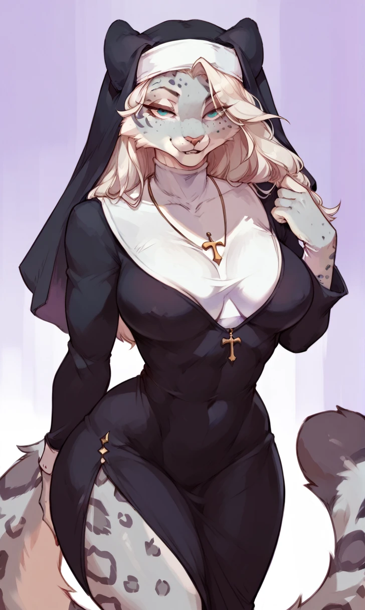 (solo) female anthro snow leopard, long fluffy hair, snow leopard, big breasts, attractive, nun dress, fit body, snow leopard tail,, thicc, freckles, freckles on face, smug eyes, (mad expression), she is standing look to the viewer , violet background, simple background, thick thighs (front view)