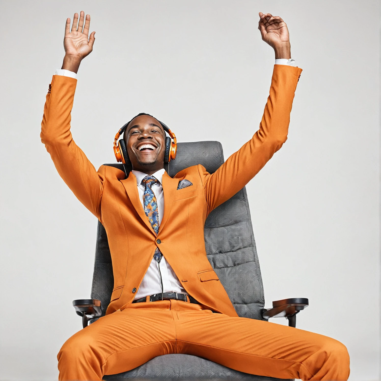 "A detailed front view image of a young Black man smiling, wearing headphones, dressed in an orange suit, sitting relaxed in a chair with his hands behind his head, looking upwards, high-resolution and photorealistic, against a 100% white background."