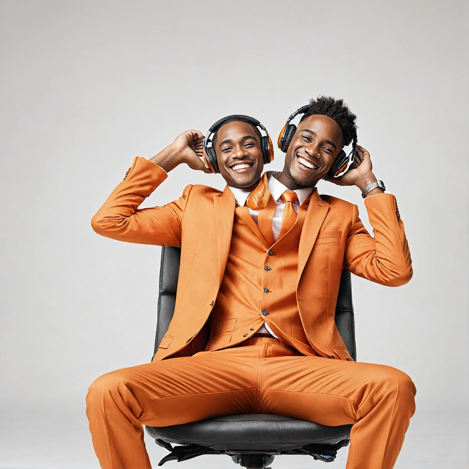 "A detailed front view image of a young Black man smiling, wearing headphones, dressed in an orange suit, sitting relaxed in a chair with his hands behind his head, looking upwards, high-resolution and photorealistic, against a 100% white background."