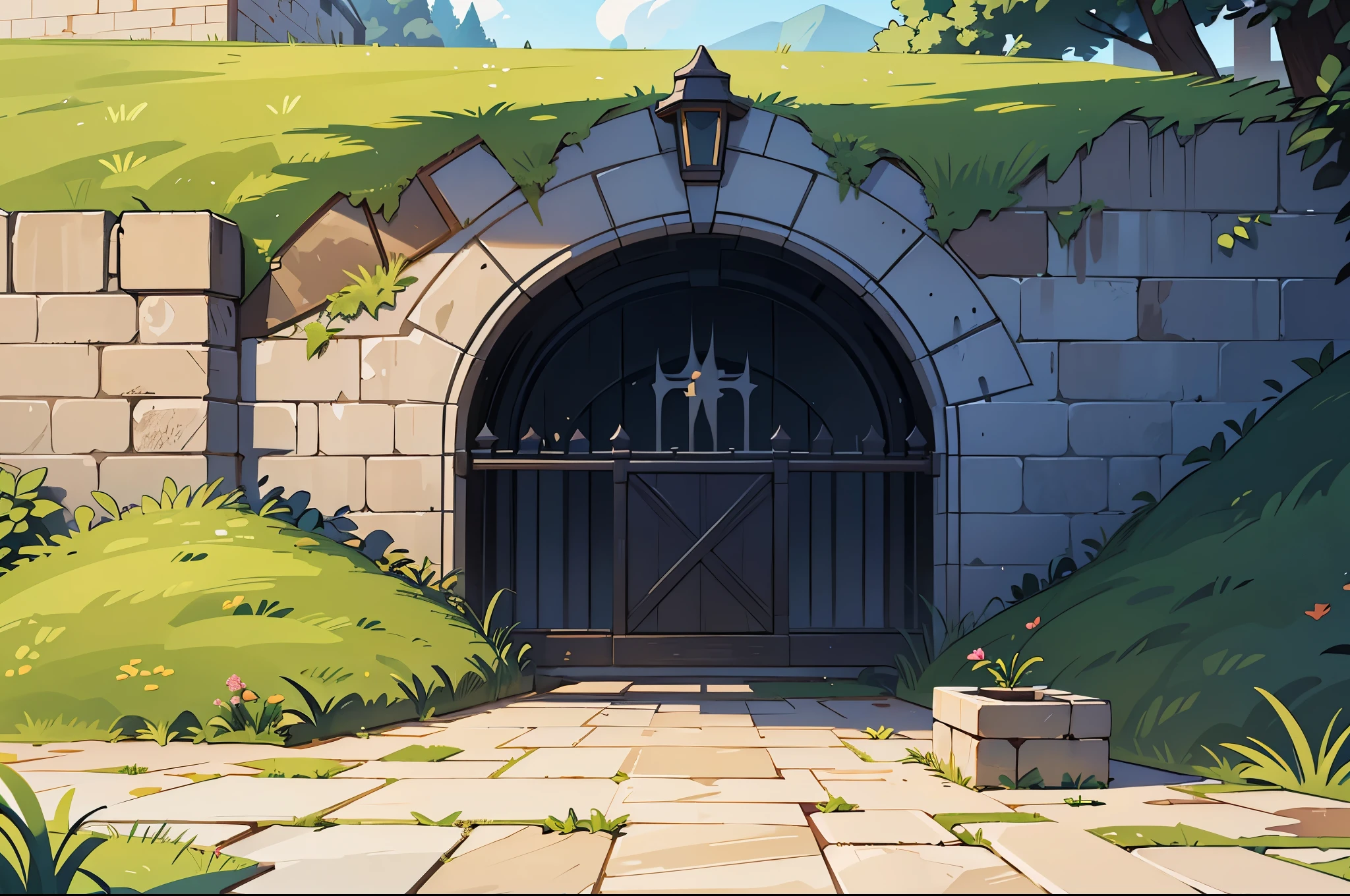 best quality high-definition masterpiece, long white brick stone wall 30ft tall, straight goes on for miles, dirt on the ground below it, fortress, portcullis, border wall between countries, iron metal grid gate with spikes at the bottom locking entry, bright vivid colors
