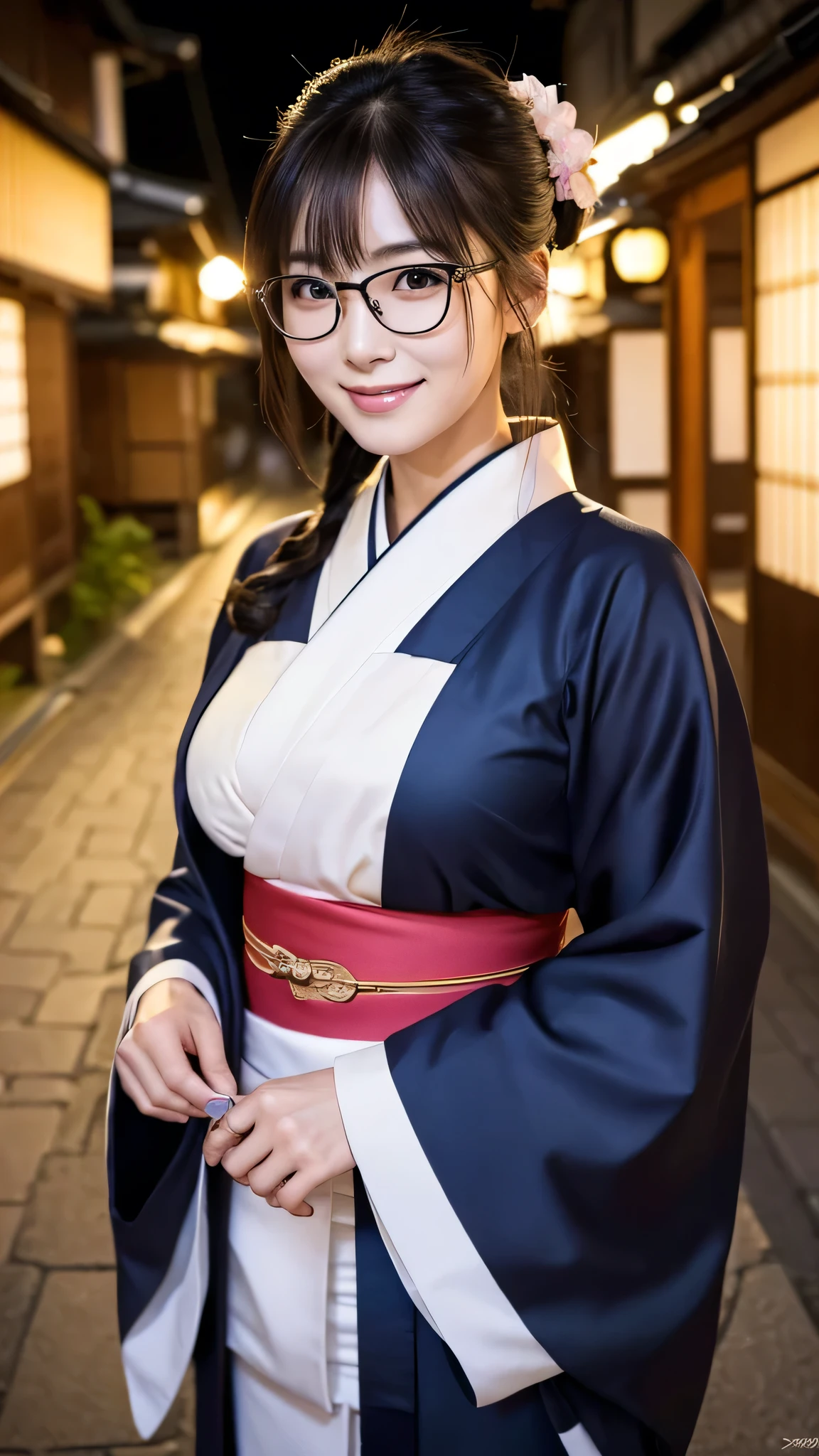 (Super beautiful woman in kimono)、((highest quality、8K masterpiece:1.3))、sharp focus:1.2、(super beautiful face:1.0)、(shiny skin:1.0)、realistic pictures、black hair、video lighting、High resolution eyes and face、video lighting、japanese actress、from the front、big breasts、with a happy smile、Slender abs beauty、whole body、wearing a kimono、in Kyoto、(((luxury obi)))、In Kyoto at night、wearing glasses with no edge、with a fan