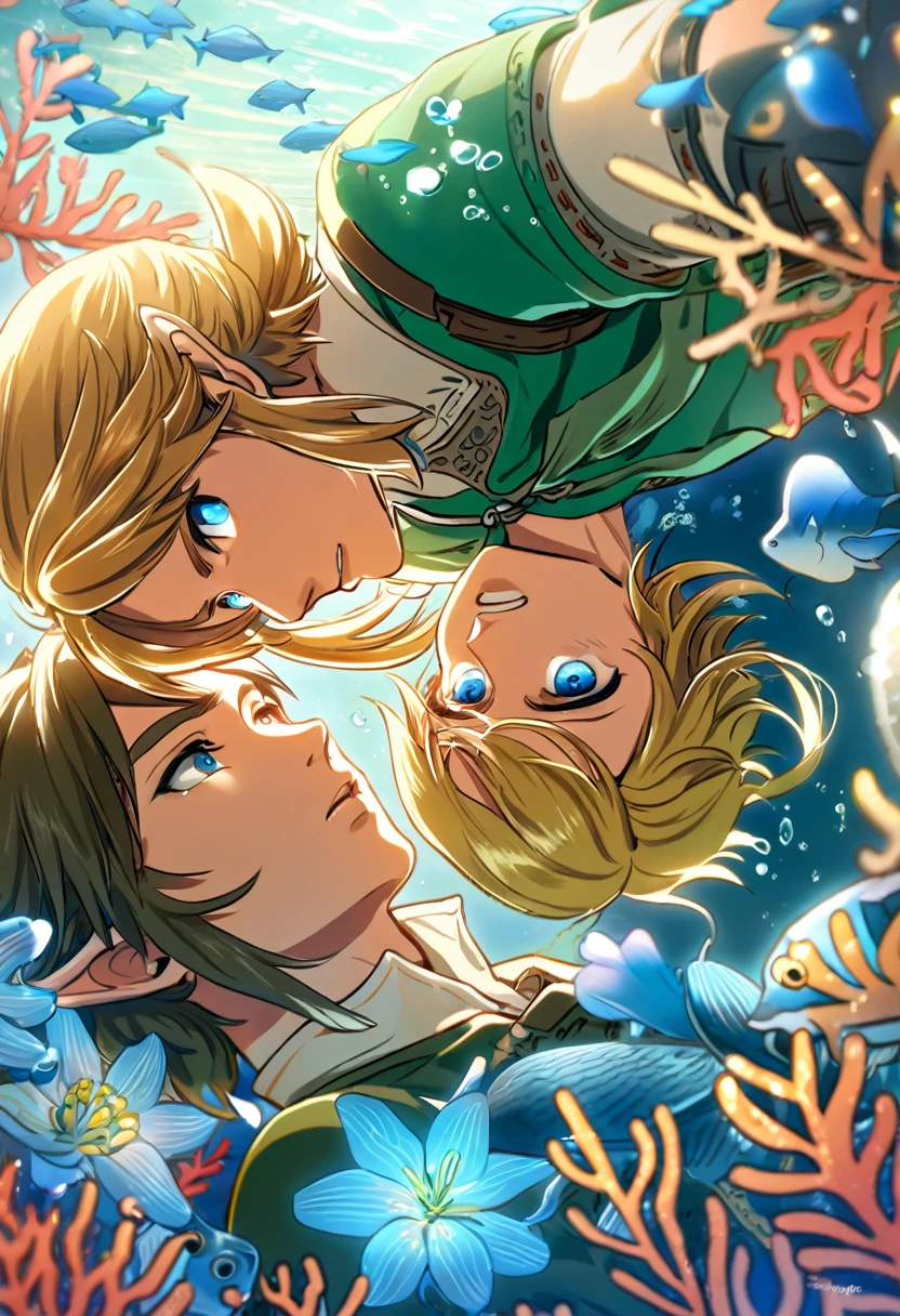 most absurd, highres, extremely detail, HDR, ​masterpiece, best quality, link, blonde medium length hair, expressive blue eyes, blue tunic, Breath of the Wild, the legend of zelda, Twilight Princess, link, dark brown short hair, expressive dark blue eyes, green tunic, 2 men together, gay couple, Good looking, Blue petals, underwater, Blue Lilies, Coral, fish