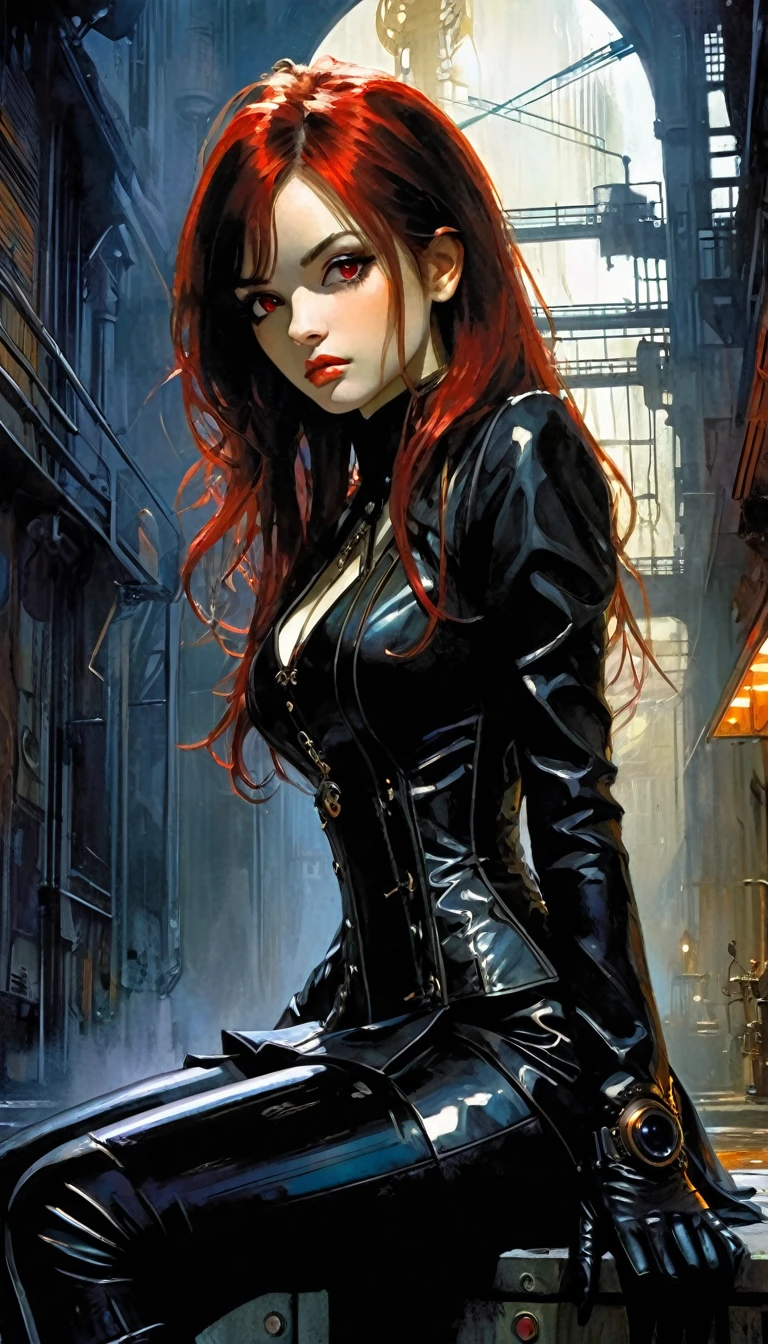 a woman dressed in anime style sitting under a futuristic building, 1 girl, dress, alone, hair, gloves, two stories, looking at viewer, red eyes, long hair, black gloves, long sleeves, long hair, steampunk、Short hair , very detailed oil painting, chiaroscuro, sensual, dramatic lighting, moody atmosphere, photorealistic, intricate details, masterpiece, ultra-detailed, high quality, 8k, best quality, realistic, cinematic, dark and brooding, expressionistic, powerful composition, emotional impact, Bill Sienkiewicz inspired art