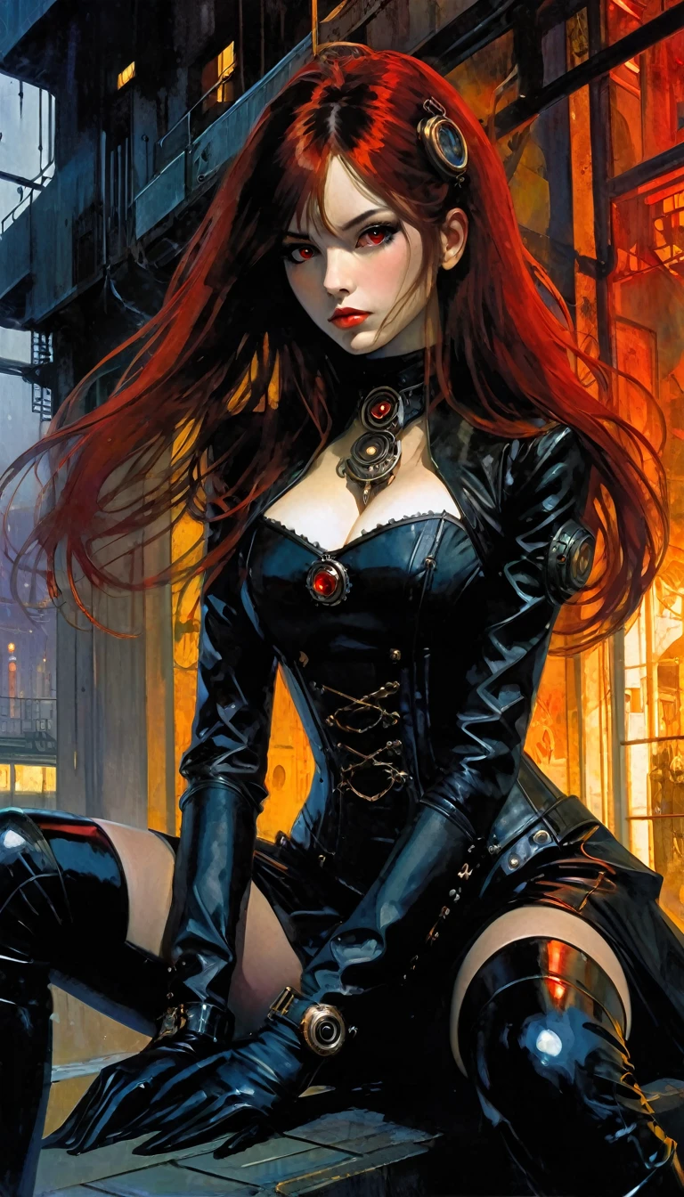 a woman dressed in anime style sitting under a futuristic building, 1 girl, dress, alone, hair, gloves, two stories, looking at viewer, red eyes, long hair, black gloves, long sleeves, long hair, steampunk、Short hair , very detailed oil painting, chiaroscuro, sensual, dramatic lighting, moody atmosphere, photorealistic, intricate details, masterpiece, ultra-detailed, high quality, 8k, best quality, realistic, cinematic, dark and brooding, expressionistic, powerful composition, emotional impact, Bill Sienkiewicz inspired art