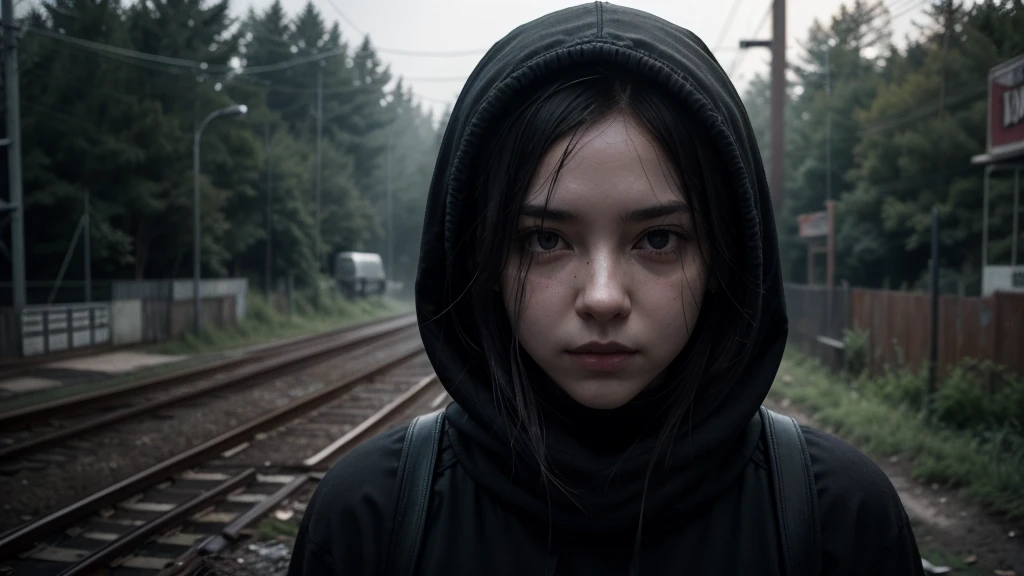 1 women in loose, lightweight black clothing, wearing a prominently visible balaclava, hanging by one hand from a track above a rusted roller coaster car, broken tracks and overgrown weeds, eerie atmosphere, sense of mystery and solitude, suspenseful mood, close-up shot from the car, shallow depth of field, soft, diffused lighting. Dark atmosfer.mask in face.8k