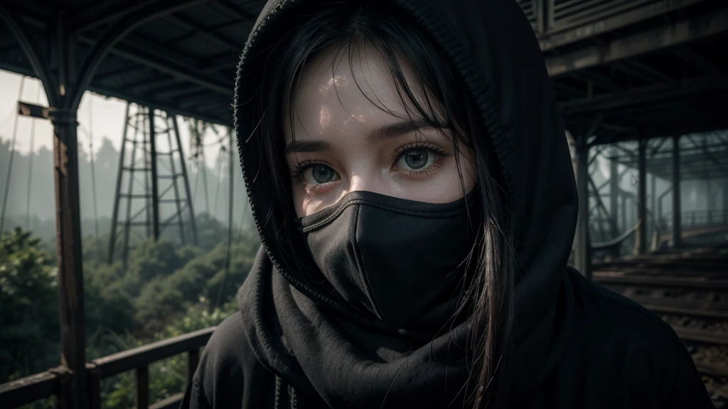 1 women in loose, lightweight black clothing, wearing a prominently visible balaclava, hanging by one hand from a track above a rusted roller coaster car, broken tracks and overgrown weeds, eerie atmosphere, sense of mystery and solitude, suspenseful mood, close-up shot from the car, shallow depth of field, soft, diffused lighting. Dark atmosfer.mask in face.8k