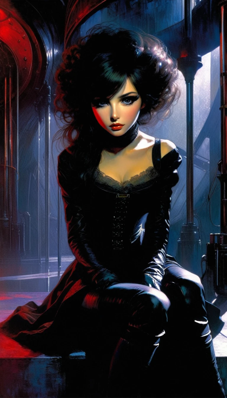 a woman dressed in anime style sitting under a futuristic building, 1 girl, dress, alone, hair, gloves, two stories, looking at viewer, red eyes, long hair, black gloves, long sleeves, long hair, steampunk、Short hair , very detailed oil painting, chiaroscuro, sensual, dramatic lighting, moody atmosphere, photorealistic, intricate details, masterpiece, ultra-detailed, high quality, 8k, best quality, realistic, cinematic, dark and brooding, expressionistic, powerful composition, emotional impact, Bill Sienkiewicz inspired art
