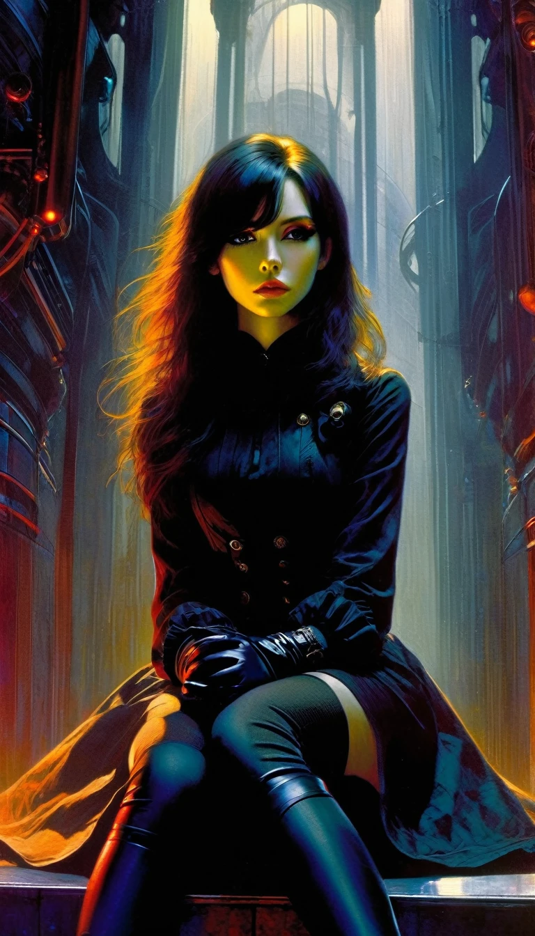 a woman dressed in anime style sitting under a futuristic building, 1 girl, dress, alone, hair, gloves, two stories, looking at viewer, red eyes, long hair, black gloves, long sleeves, long hair, steampunk、Short hair , very detailed oil painting, chiaroscuro, sensual, dramatic lighting, moody atmosphere, photorealistic, intricate details, masterpiece, ultra-detailed, high quality, 8k, best quality, realistic, cinematic, dark and brooding, expressionistic, powerful composition, emotional impact, Bill Sienkiewicz inspired art