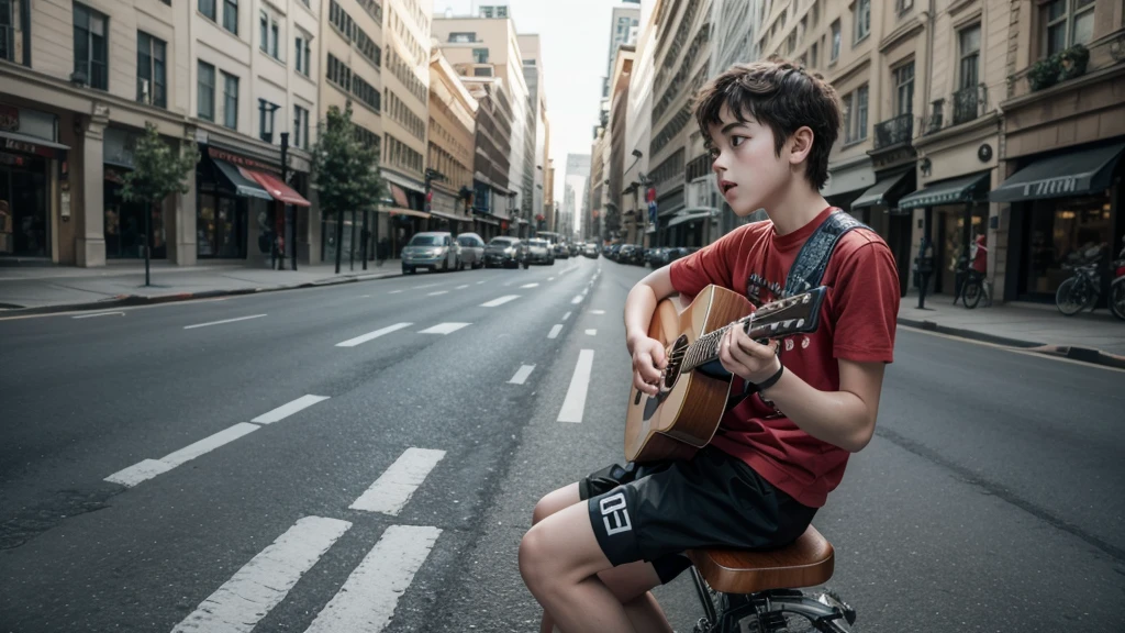 boy playing guitar on top of bicycle