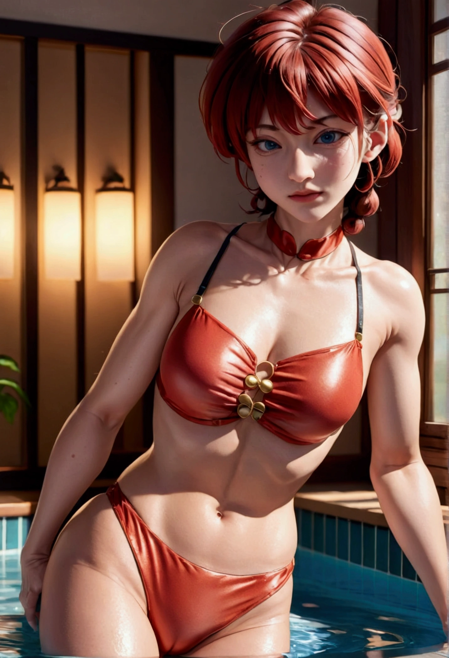 a girl, ranma chan, in bikini, in pool hotel, ray tracing, reflection light, anime, 16k, highres, best quality, award winning, high quality, high details, textured skin, super detail, anatomically correct, masterpiece, accurate