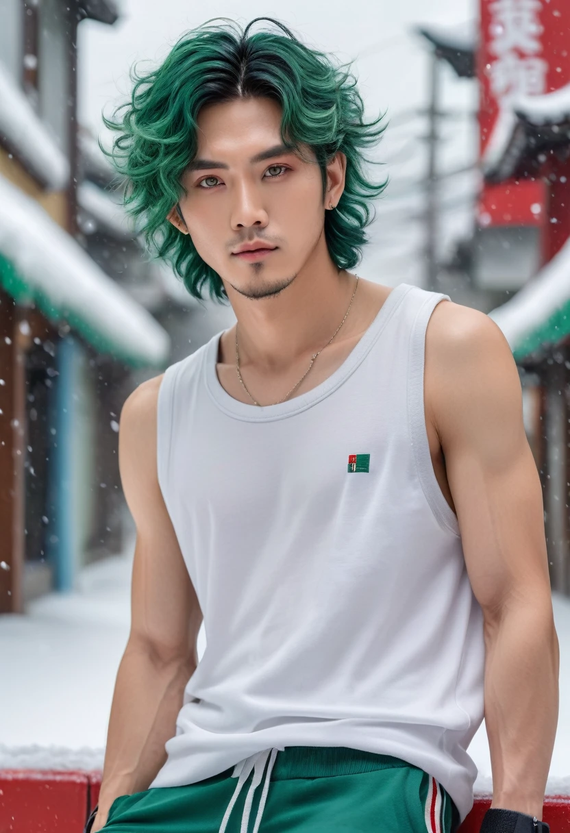 Japanese male model, with viridian green eyes, short curly viridian green hair, wearing a loose tank top, and joggers, in a red high top sneakers,(masterpiece:1.35),(best-quality:1.4),8k,ultra-detailed,photography,(ultra-realistic:1.4), adult girl, long hair, sweater, snowing background,