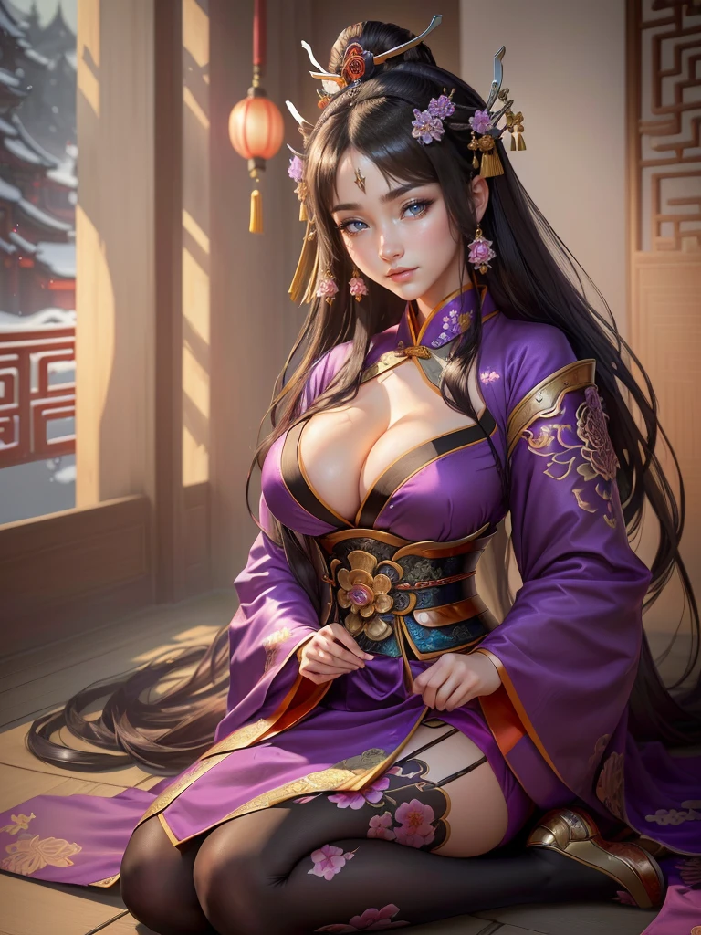 a woman in a purple kimono sitting on the ground, a beautiful fantasy empress, ancient chinese princess, ((a beautiful fantasy empress)), inspired by Lan Ying, inspired by Ju Lian, inspired by Qiu Ying, inspired by Li Mei-shu, palace ， a girl in hanfu, inspired by Yun Du-seo, chinese empress, beautiful character painting, Highly detailed CG unit 8k wallpaper, masterpiece, High resolution, highest quality, highest quality real texture skin, Super Real, Digital Painting, Best image quality, 最High resolution, 8k, (((Highly detailed eyes and face, Beautiful eyes every detail))), disproportionate breasts, huge breasts, sagging breasts, gigantic breasts, black hair, grin, 
