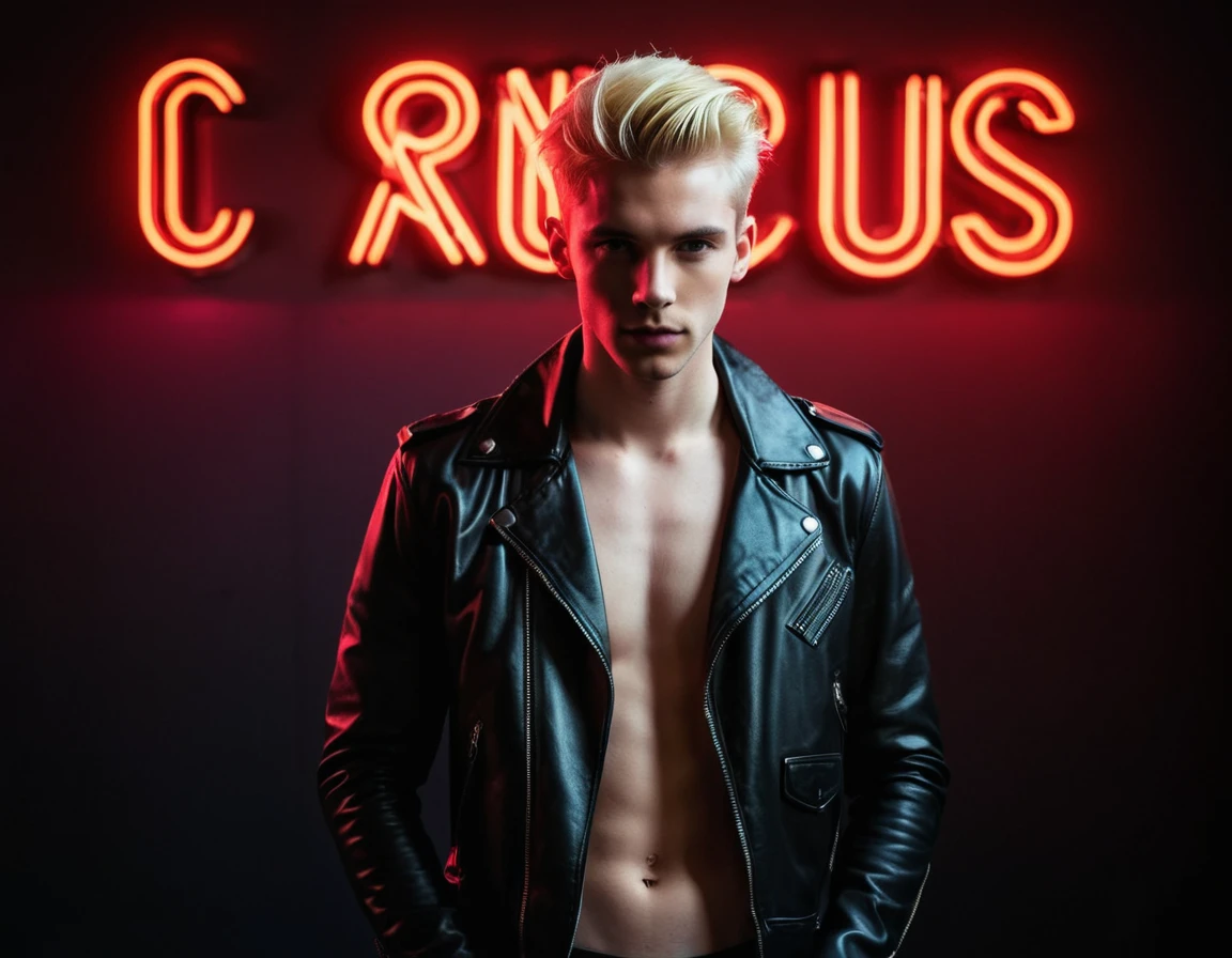 Photorealistic, dark vibes, solo, young man, 22 years, pale skin, model (skinny:1.3), (short layered blond hair:1.5), (black leather jacket:1.3), dark lighting, incubus, sexy, (neon letters C N T X:1.4), night club setting, BDSM background