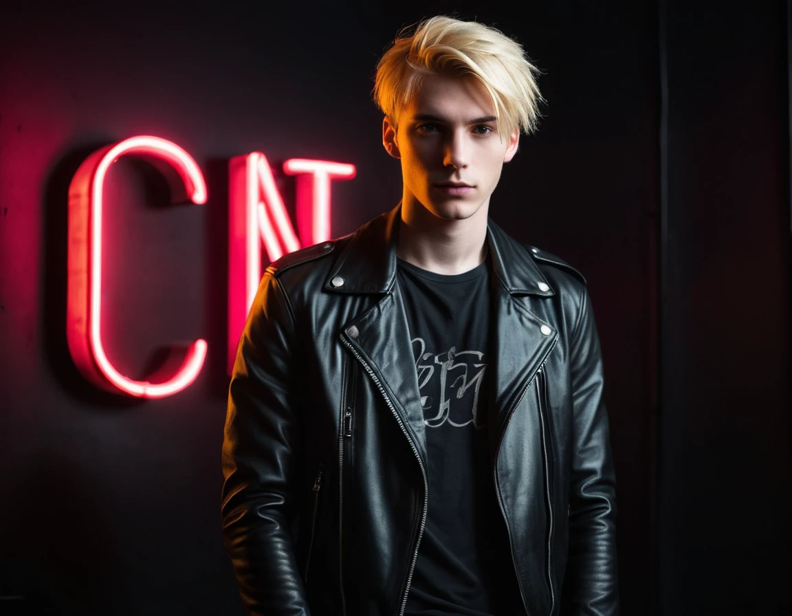 Photorealistic, dark vibes, solo, young man, 22 years, pale skin, model (skinny:1.3), (short layered blond hair:1.5), (black leather jacket:1.3), dark lighting, incubus, sexy, (neon letters C N T X:1.4), night club setting, BDSM background