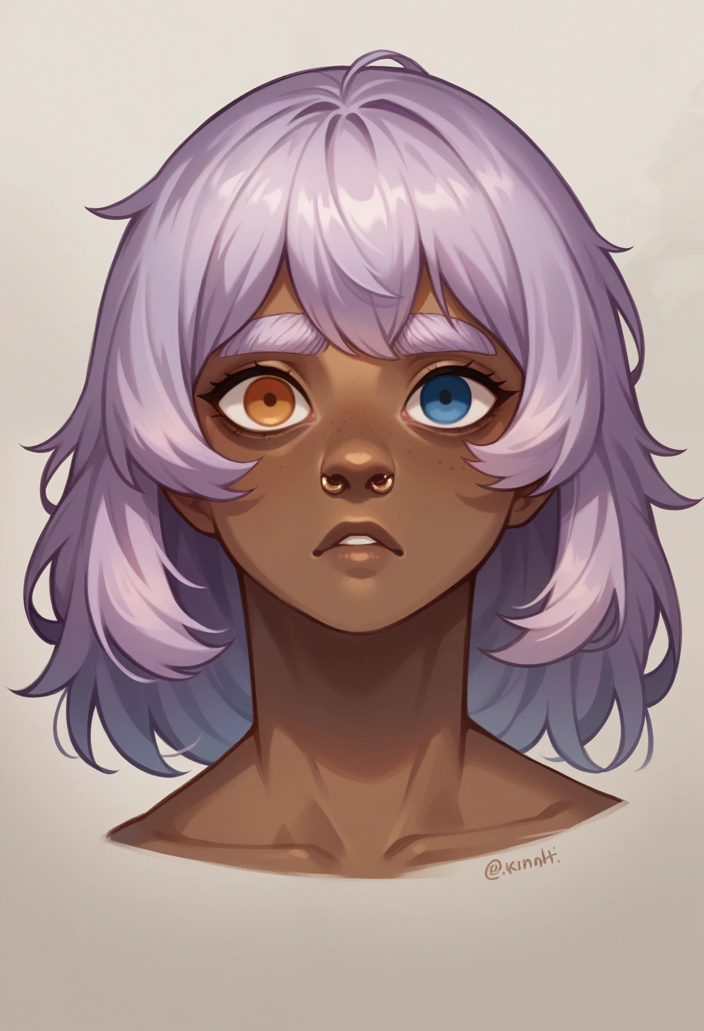 Female, Dwarf, 22 years old, mesomorphic body, dark skin, lavender hair, medium hair length, ordinary hairstyle, square face shape, slanted eyes, asymmetrical lips, medium eyebrows, soft arch eyebrows shape, small nose size, upturned nose shape, heterochromia.