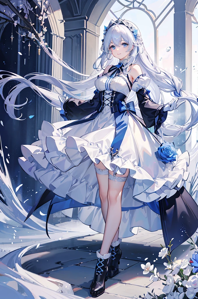 A woman with white hair and blue eyes、adult、Long, fluffy wavy hair、Braiding、Wearing hair ornaments、Smiling、Princess、White gloves、Blue-tinted dress、ribbon、Decorations such as roses and drops、race、The dress is short in the front and long in the back、Garter Ring、short boots、Fantasy