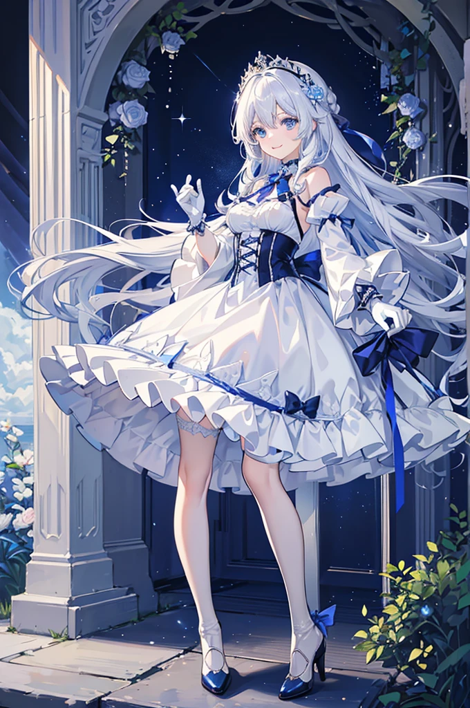 A woman with white hair and blue eyes、adult、Long, fluffy wavy hair、Braiding、Wearing hair ornaments、Smiling、Princess、White gloves、Blue-tinted dress、ribbon、Decorations such as roses and drops、race、The dress is short in the front and long in the back、Garter Ring、short boots、Fantasy